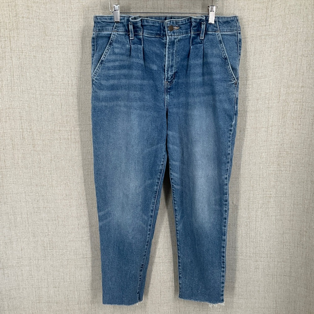 Hollister Ultra High Rise Mom Jeans Women 32 Blue Cotton Pleated Raw Hem Vintage